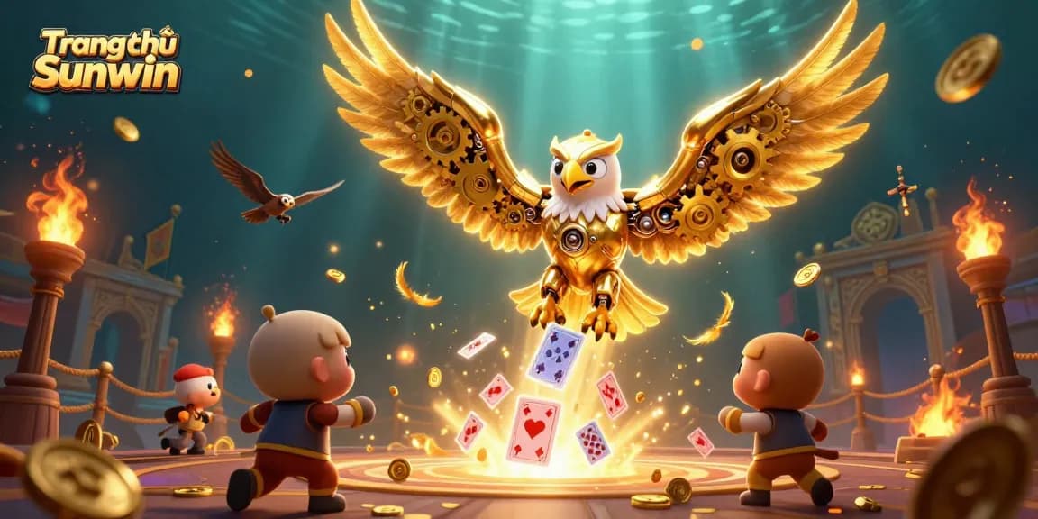 Engage with thrilling gameplay as you discover Trang chủ Sunwin, featuring a cybernetic eagle amidst cards and gold.