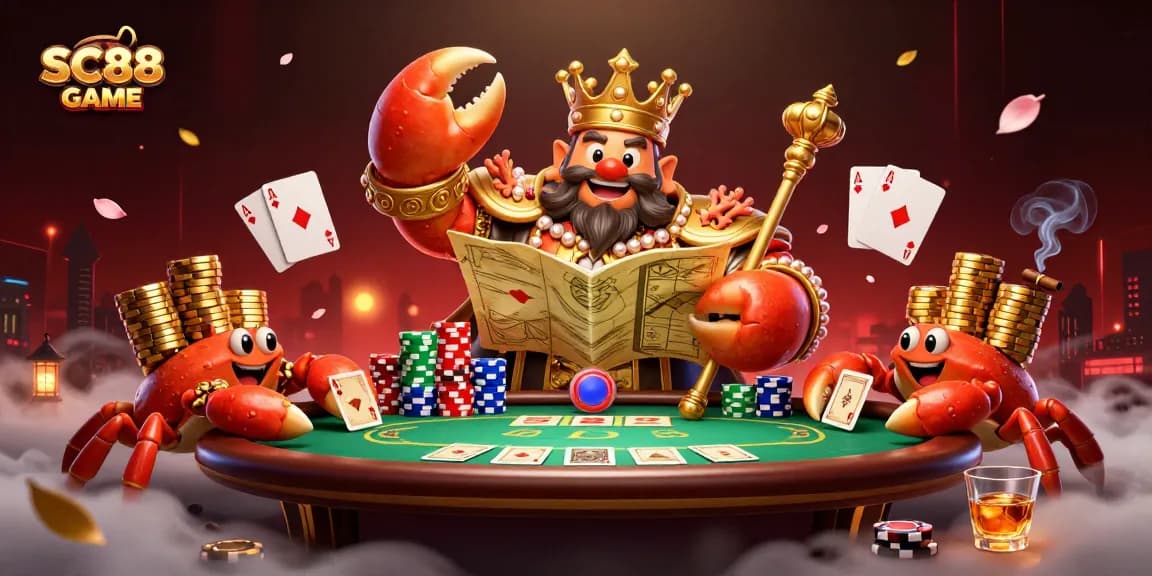 Engage in SC88 GAME with a vibrant scene featuring a crab emperor ruling over treasure and poker elements.