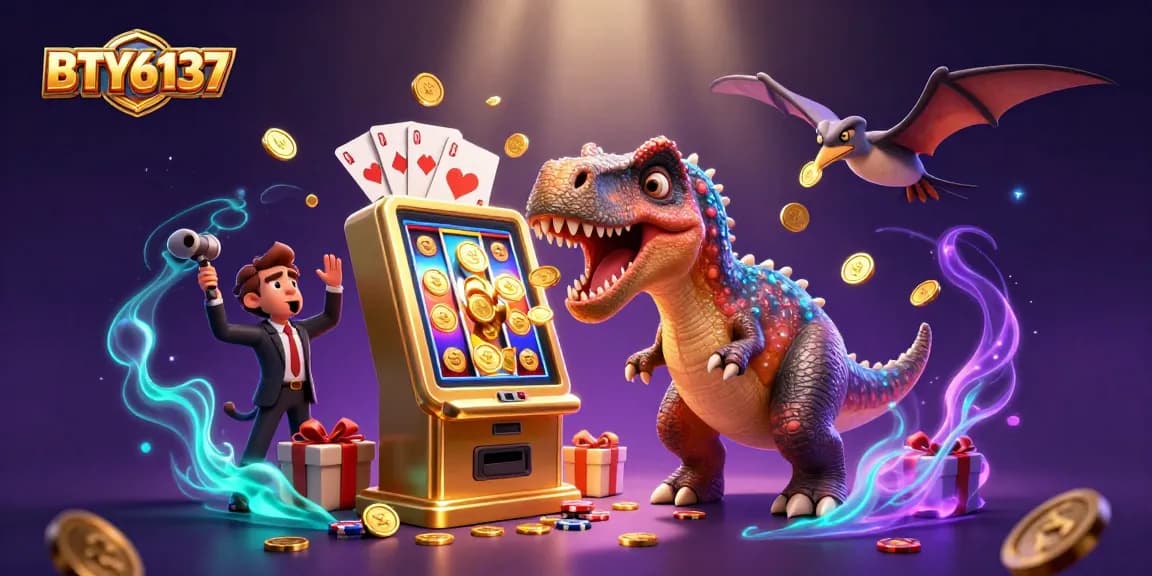 BTY6137 showcases a pachycephalosaurus winning jackpots while a casino manager panics amidst flying coins