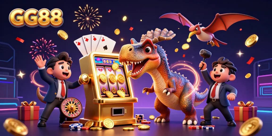 Experience GG88's thrilling jackpots with cartoon dinosaurs in a lively casino scene.