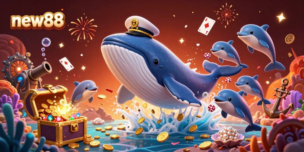 Experience exciting gameplay with new88 as playful dolphins perform tricks amidst gold coins.