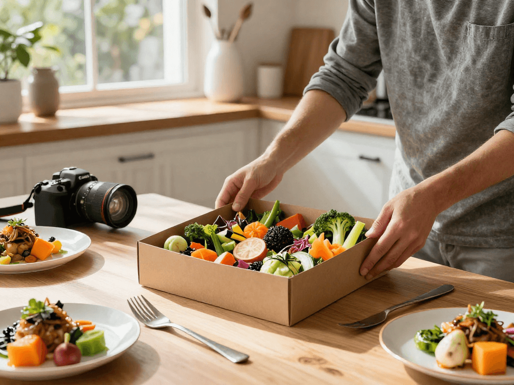 Elegant food box preparation featuring gourmet meals showcasing culinary skills in a vibrant kitchen setting with fresh ingredients and natural light.