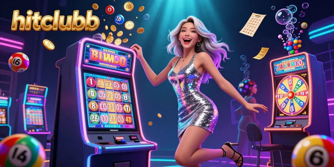 Experience the excitement of hitclubb as golden coins erupt from a jackpot slot machine in a vibrant casino scene.