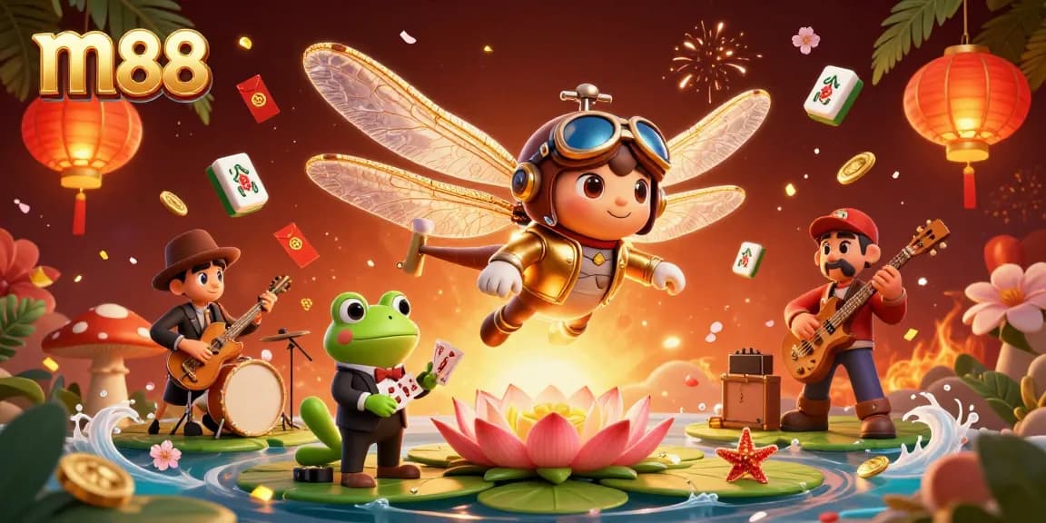 Experience thrilling games at M88 with the dragonfly pilot and frog croupier in this vibrant casino illustration.