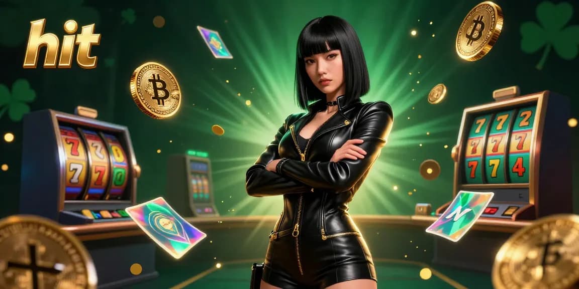 Hit the jackpot with a stunning depiction of an Asian woman in a futuristic casino, surrounded by glowing crypto elements.