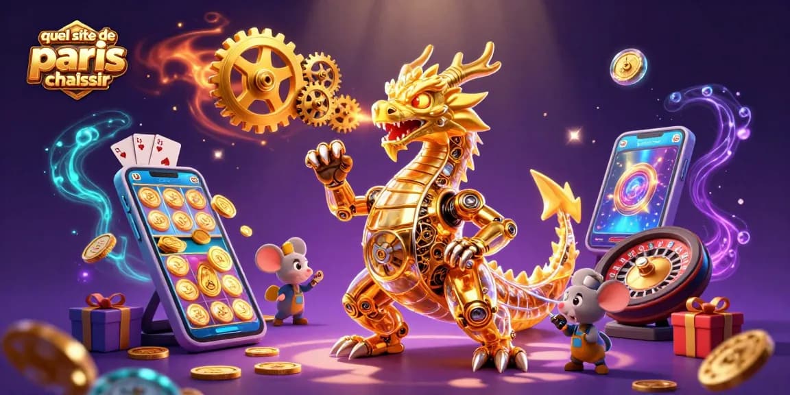 Quel site de paris sportif choisir pour parier sur des jeux de casino captivants ? Illustration dynamique d'un dragon et d'un ingénieur.