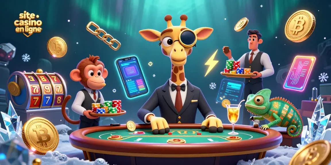 Jouez sur un site casino en ligne avec des jackpots, des pièces de bitcoin, et une atmosphère festive.