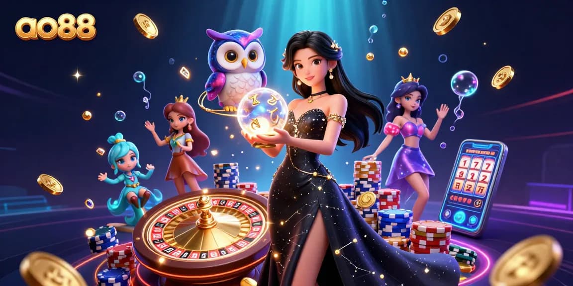 Engage in the magical realm of ao88 with stunning visuals of a woman in a black gown, a mystical owl, and vibrant casino elements.