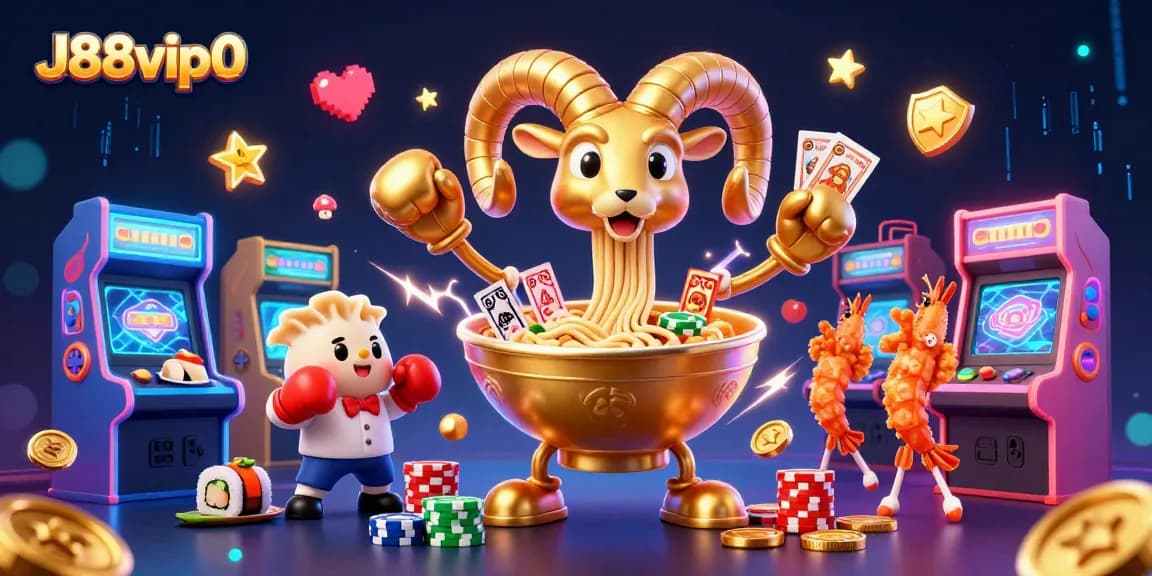 Engage with J88vip0 in a vibrant casino scene featuring colorful gaming characters and dynamic arcade elements.