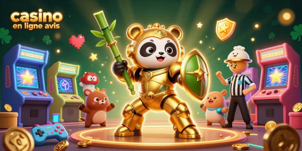 Illustration de casino en ligne avis avec panda doré en robot de combat entouré d'éléments de jeu colorés.