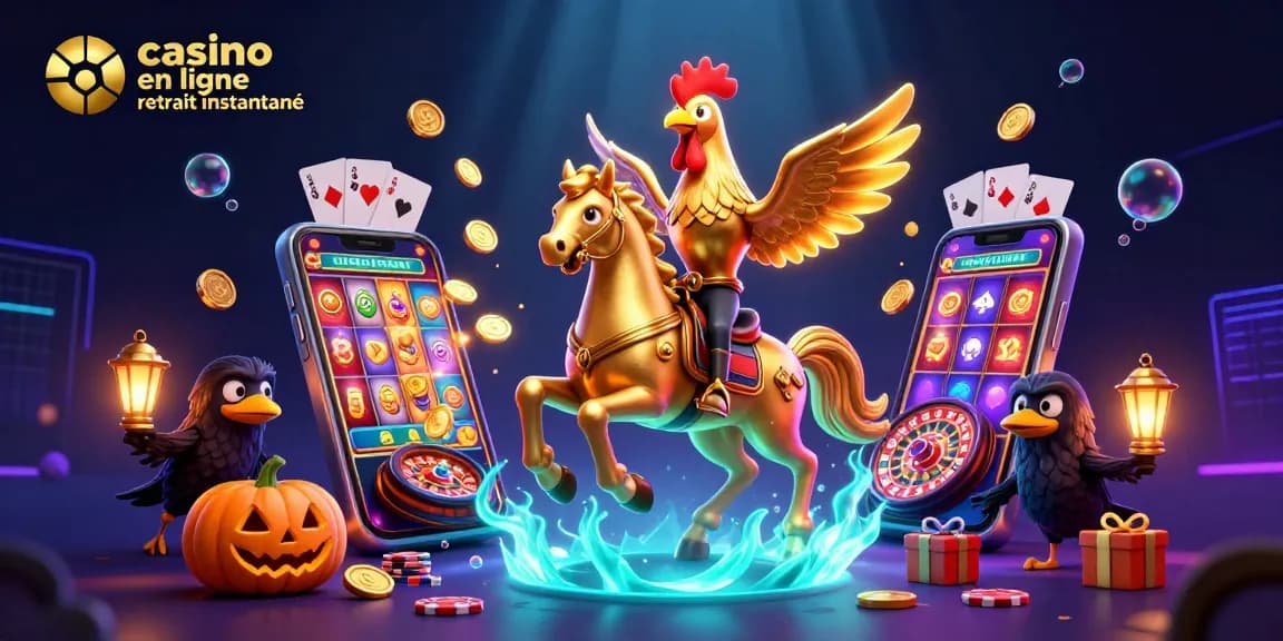 Rejoignez le monde du casino en ligne retrait instantané avec un rooster en or incarnant la chance, entouré de symboles de jeu éclatants.