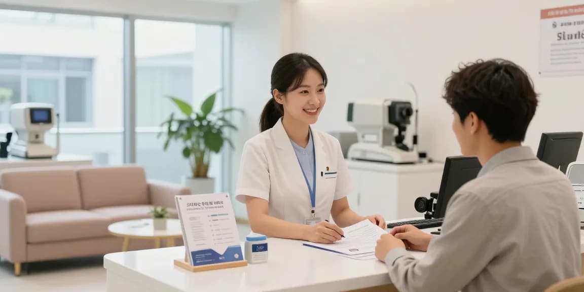 Welcoming eye clinic scene with friendly staff and informative materials on 스마일 수술, showcasing eye care services in Korea.