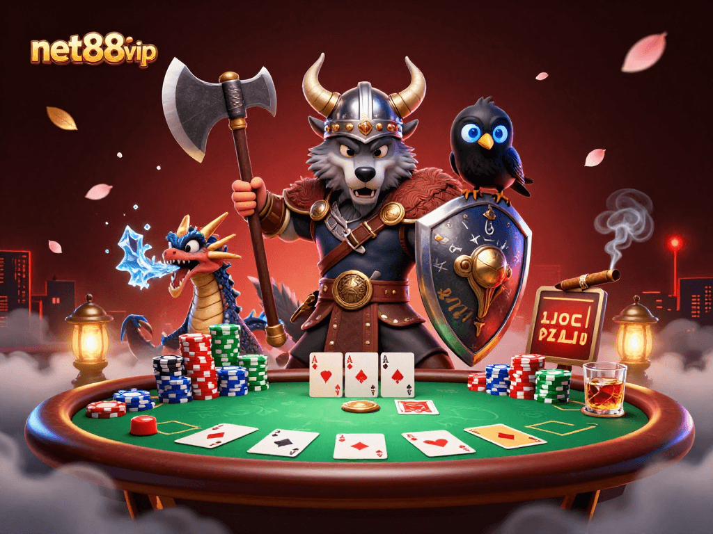 Experience thrilling poker action with net88vip's vibrant Viking-themed casino illustration.
