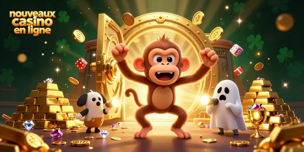 Émerveillez-vous avec des nouveaux casinos en ligne, où un singe fantôme jongle des pièces d'or parmi les lumières scintillantes.