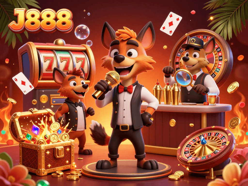 Experience the lively J888 casino scene with hyena characters in a thrilling gaming atmosphere.