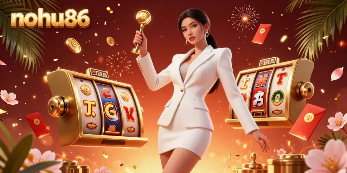 Nohu86 highlights an Asian woman celebrating a jackpot victory in a luxurious casino setting filled with slot games and vibrant elements.