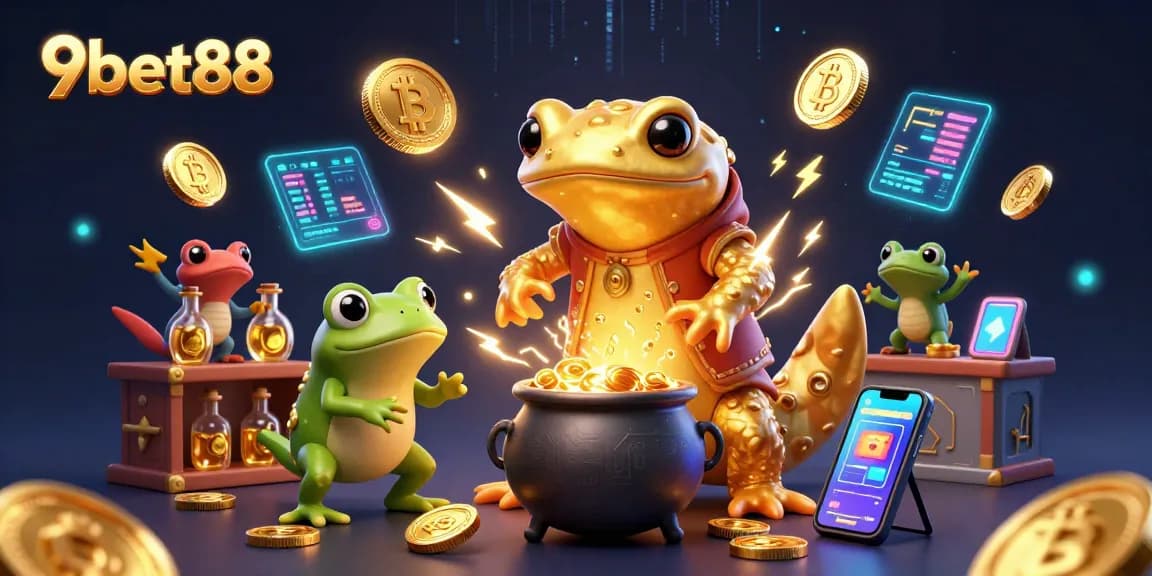 Engage with the vibrant 9bet88 casino scene featuring golden alchemists and crypto elements.