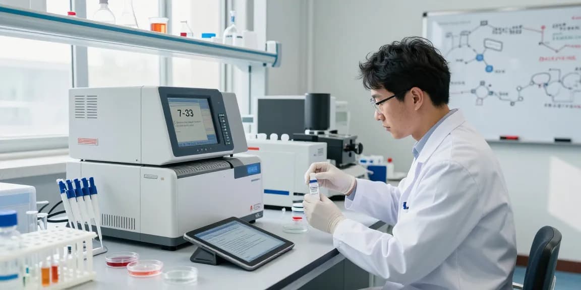 Researcher analyzing b7-33 for sale peptides in a modern lab setting with advanced equipment.