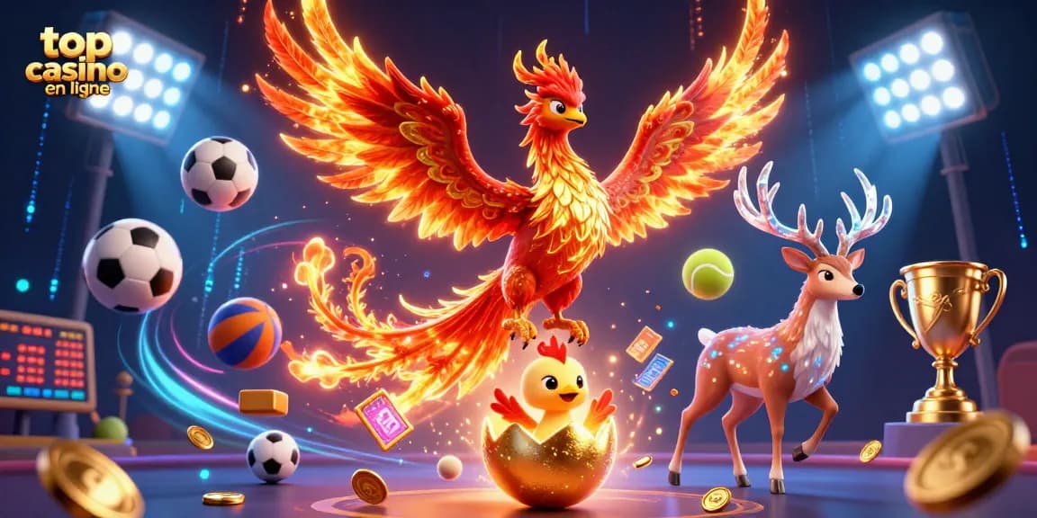 Découvrez le top casino en ligne avec cette illustration dynamique de phoenix et éléments de jeu excitants.