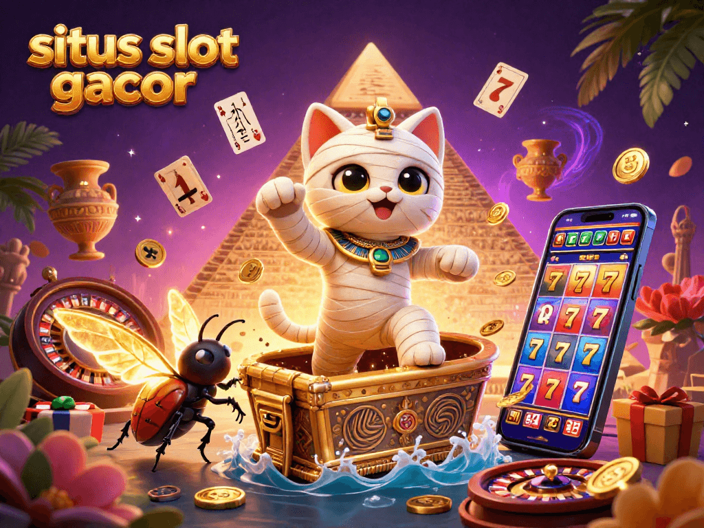 situs slot gacor showcases a dynamic scene with an Egyptian mummy cat and a scarab in a vibrant casino setting.