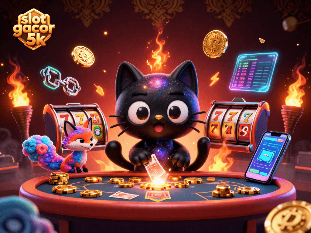 Experience intense gaming action with slot gacor 5k and vibrant cosmic characters in a packed casino scene.
