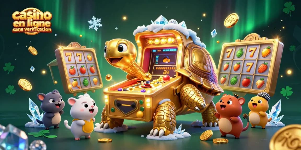 Jouer sur un casino en ligne sans vérification avec une tortue géante aux lumières joyeuses et des ballons dorés.