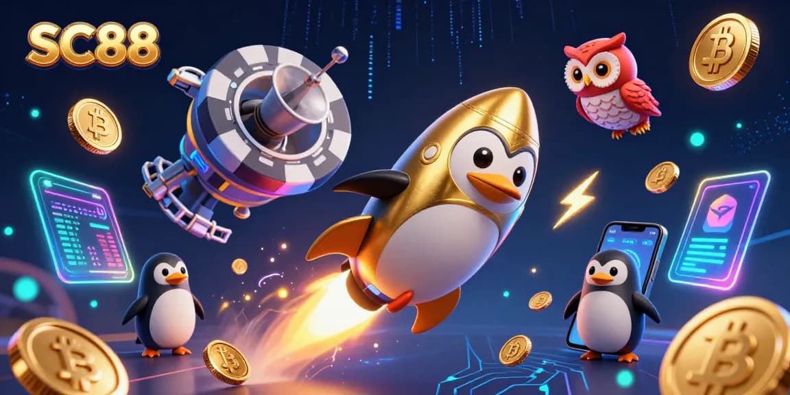 Experience SC88's golden penguin blasting through space towards the casino while collecting crypto coins.
