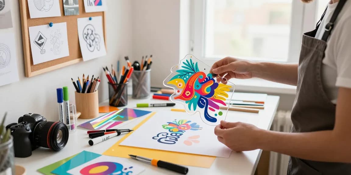 Designer creating customised acrylic stand in a bright studio, showcasing vibrant materials and crafting tools.