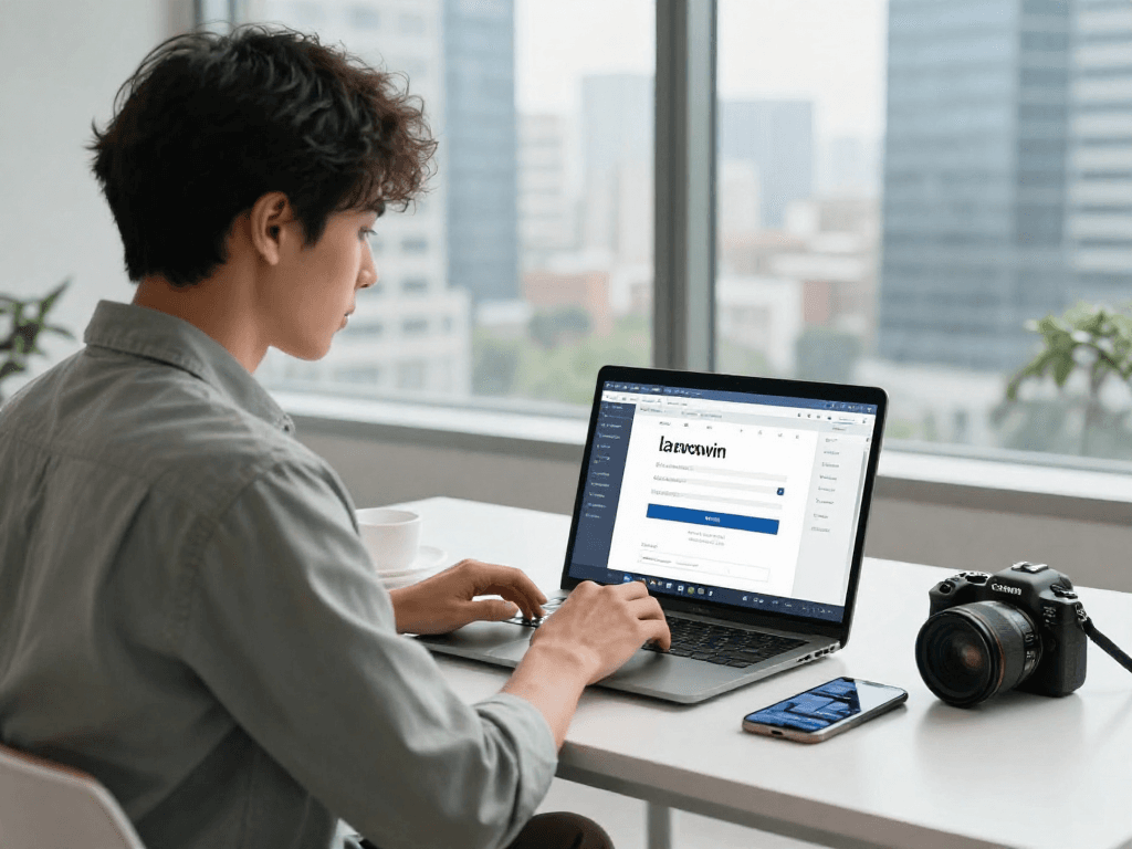 Professional using lavowin login for secure online banking in modern workspace