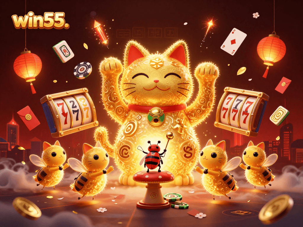 win55. Discover the vibrant energy of a golden lucky cat and casino symbols in this 3D illustration.