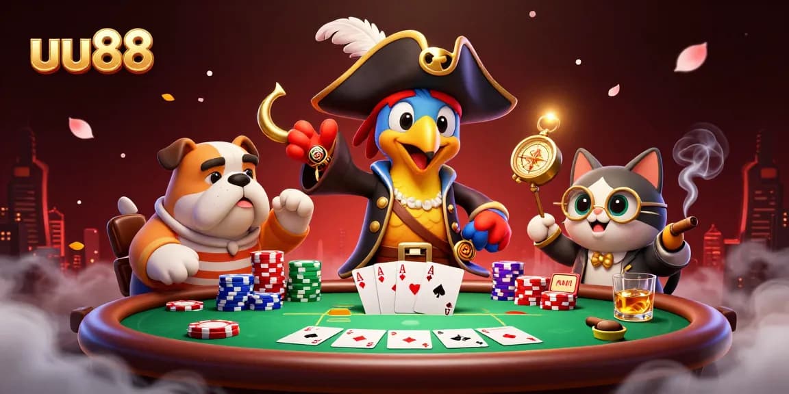 Engage in thrilling poker action at uu88 with vibrant characters and a dynamic casino scene.