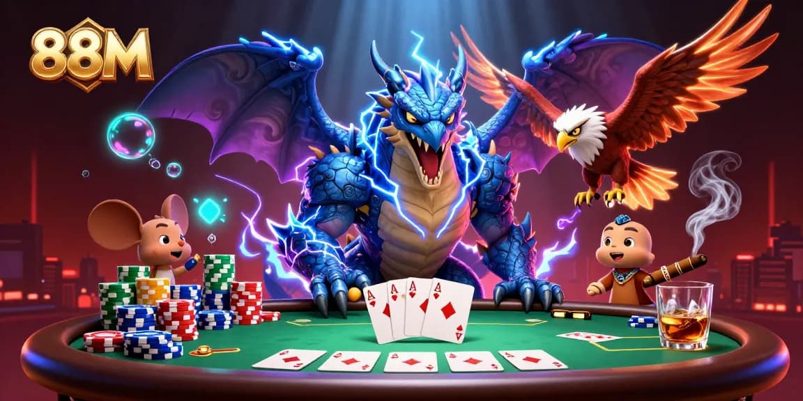 Join the thrilling action at 88M with dynamic poker gameplay featuring a thunder dragon, wind hawk, and poker elements.