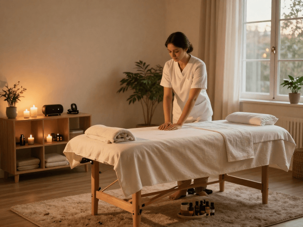 Engaging 은평구출장마사지 therapist preparing a calming massage environment for customer relaxation.