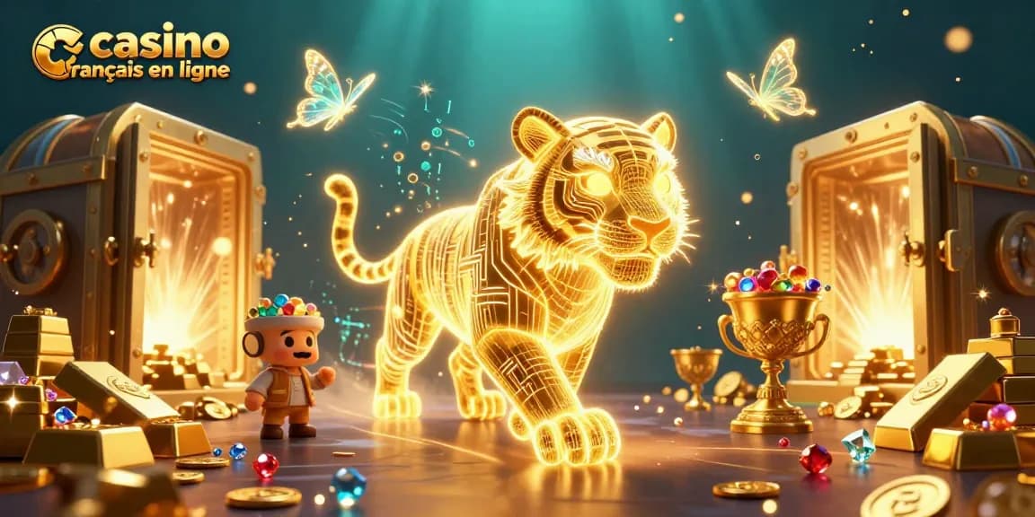 Visitez le meilleur casino francais en ligne avec une illustration captivante d'un tigre doré dans un paysage numérique.