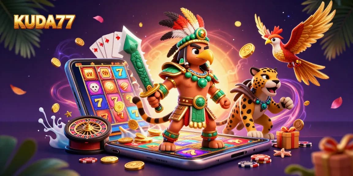 KUDA77 tampilkan slot gacor dengan gulungan berputar dan mata uang emas yang menghujani layar ponsel.