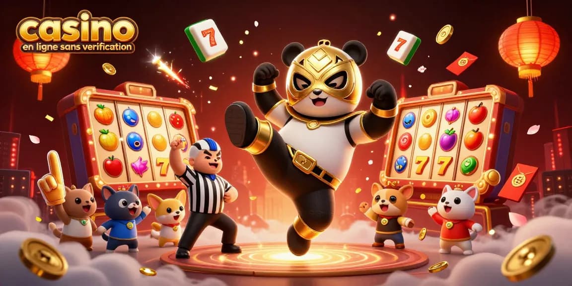Visualisez le monde captivant du casino en ligne sans vérification avec ce panda lutteur dynamique et d'autres personnages animés dans une scène festive.