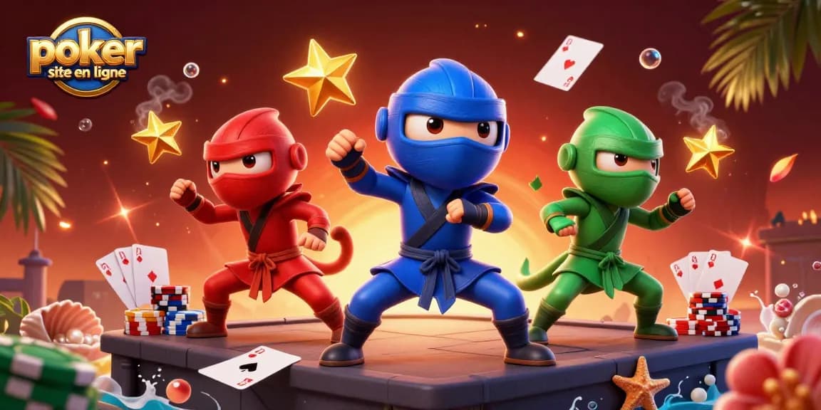Illustration dynamique représentant un site de poker en ligne avec des ninjas caméléons en action et des cartes flottantes.