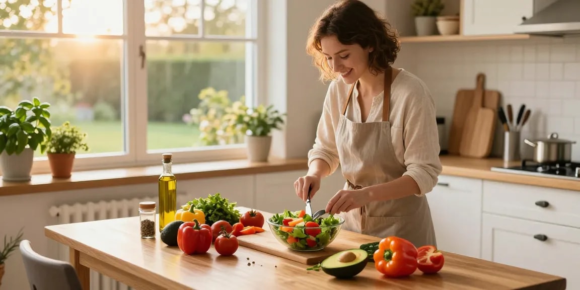 Fresh colorful salad preparation in a cozy kitchen featuring ingredients like vegetables and herbs, highlighting the keyword สล็อต for engaging cooking content.