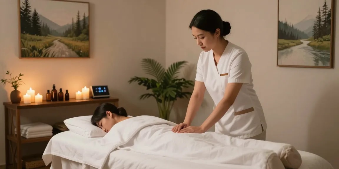 Relaxing massage therapy room for 수원출장안마 sessions with candles and soothing decor.