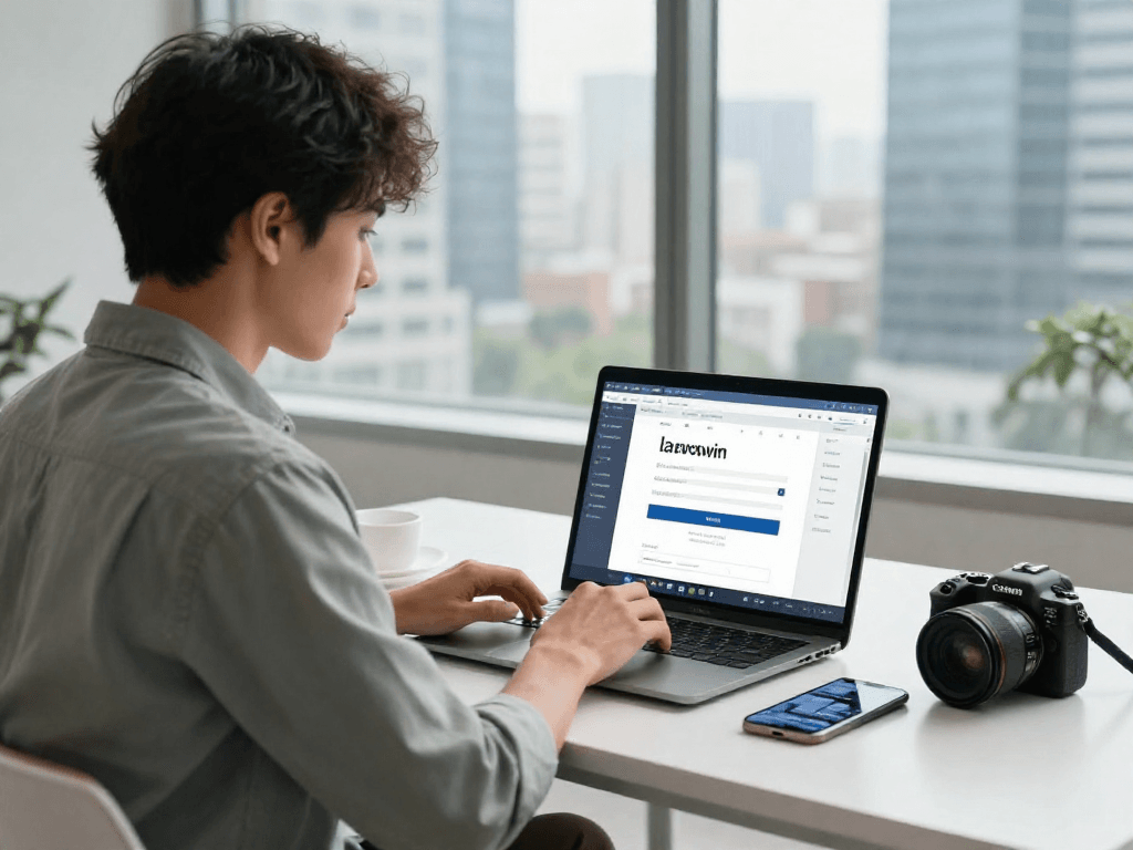 Professional using lavowin login for secure online banking in modern workspace