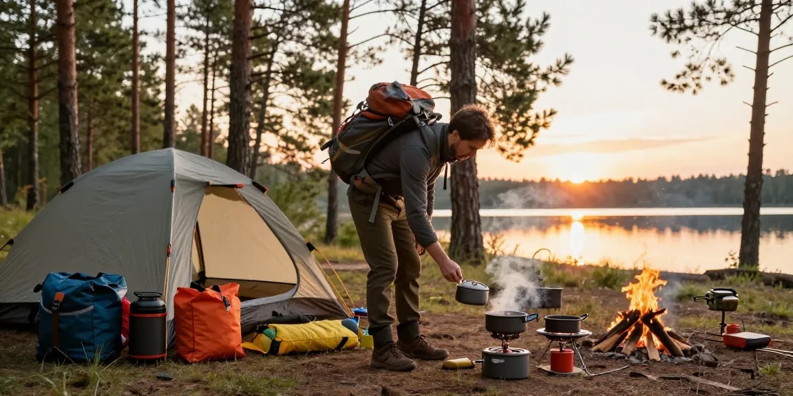 Person setting up camping gear at sunset, showcasing rokok 88 adventure essentials in a scenic outdoor location.