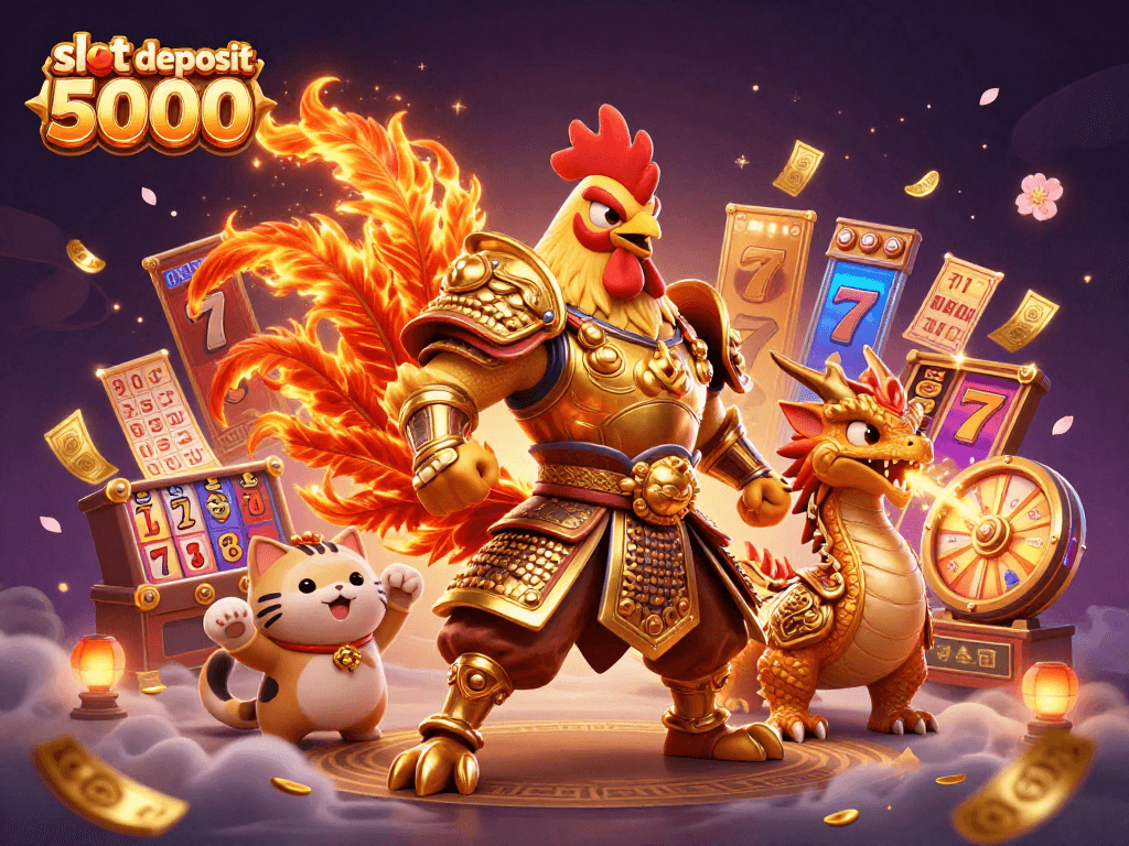 Experience the excitement of slot deposit 5000 with an illustrated scene featuring a warrior rooster, dragon, and casino elements.