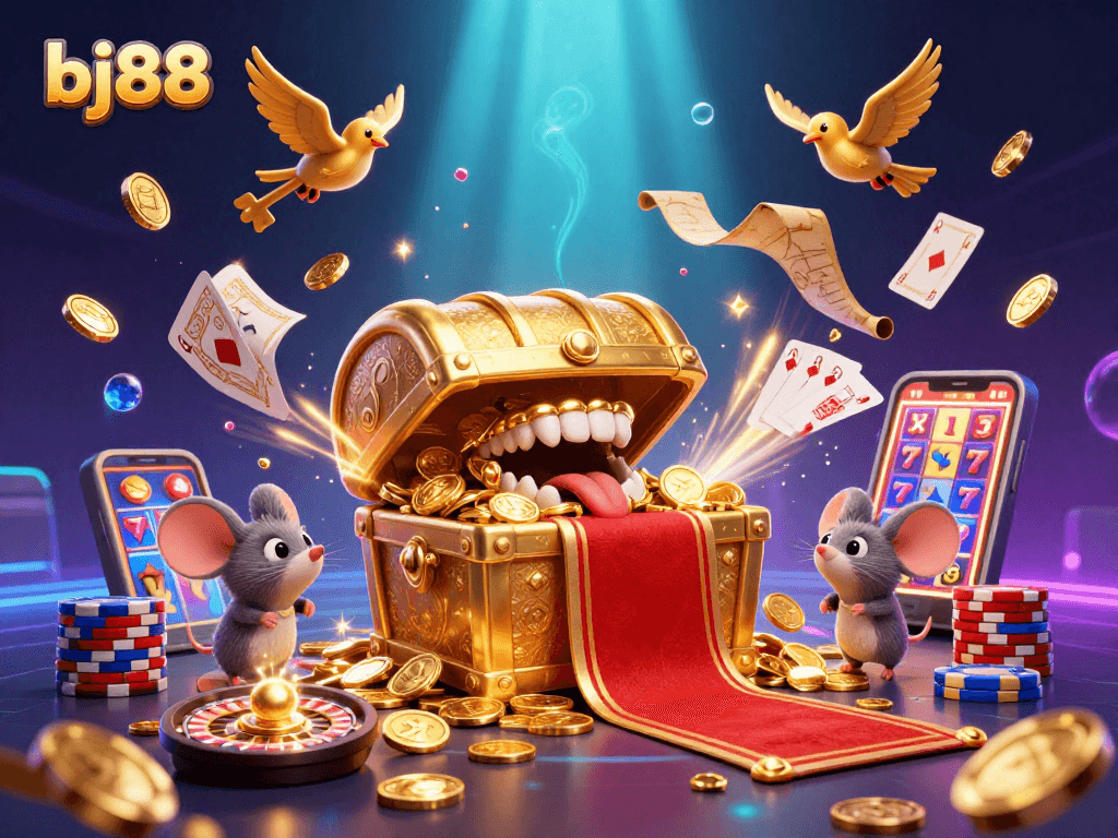 bj88 showcases a colorful 3D casino scene, inviting players to enjoy vibrant riches with treasure chests and game elements.