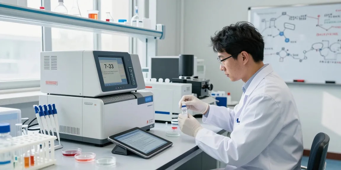 Researcher analyzing b7-33 for sale peptides in a modern lab setting with advanced equipment.