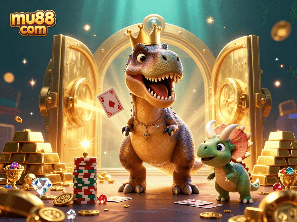Experience fun gaming with mu88 com as T-Rex plays cards with chips and treasures.