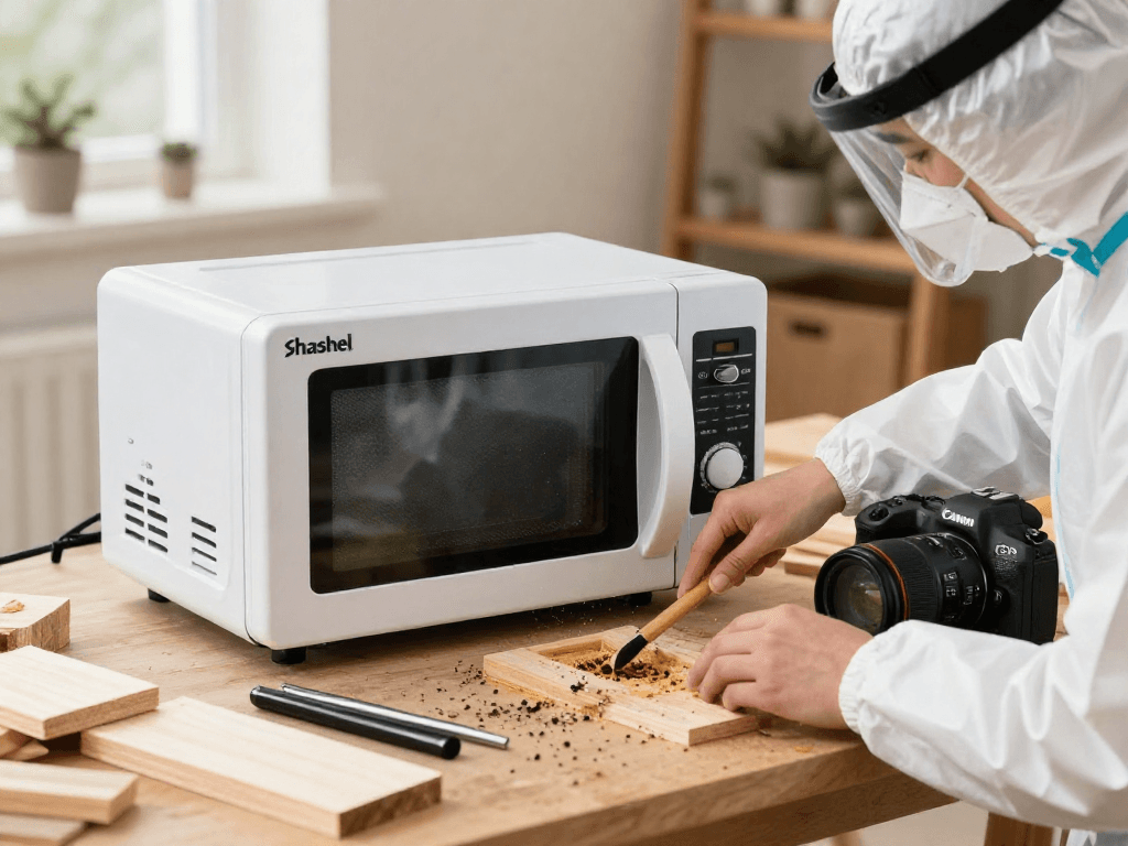 Shashel microwave equipment effectively eliminating pests in a woodwork setting.