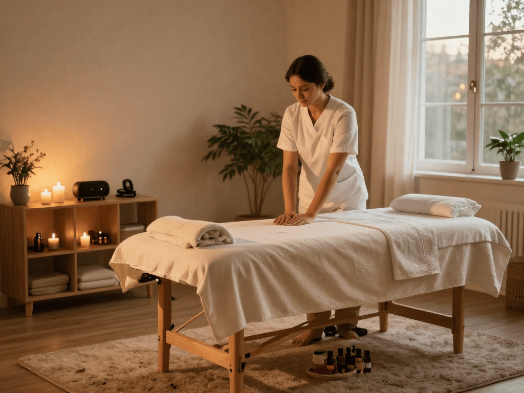 Engaging 은평구출장마사지 therapist preparing a calming massage environment for customer relaxation.