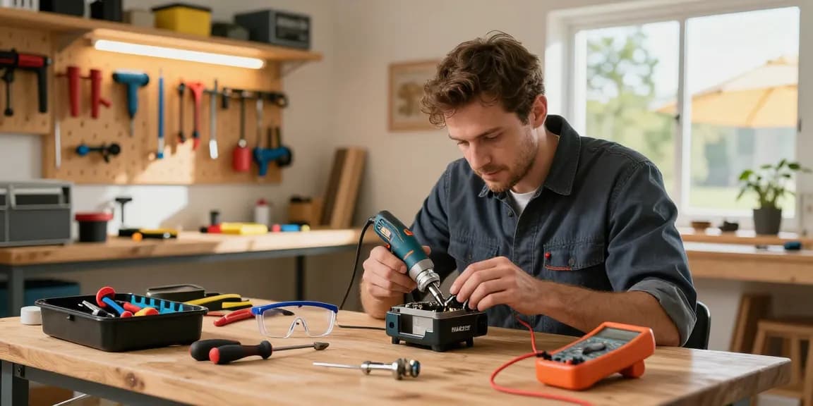 NAGA2000 power tool repair process in a bright home workshop, technician inspecting tool components.