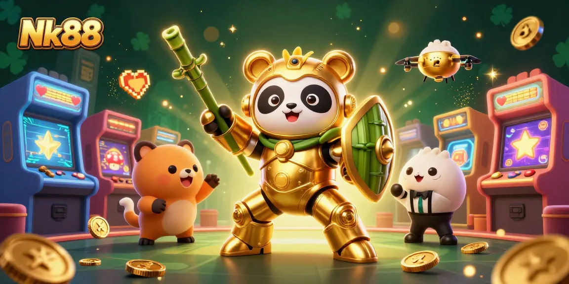 Engage with Nk88's dynamic casino scene featuring 3D characters, gaming machines, and vibrant action.