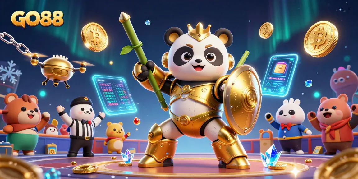 Win big with GO88: A vibrant 3D scene featuring a golden panda robot amidst crypto-themed elements.